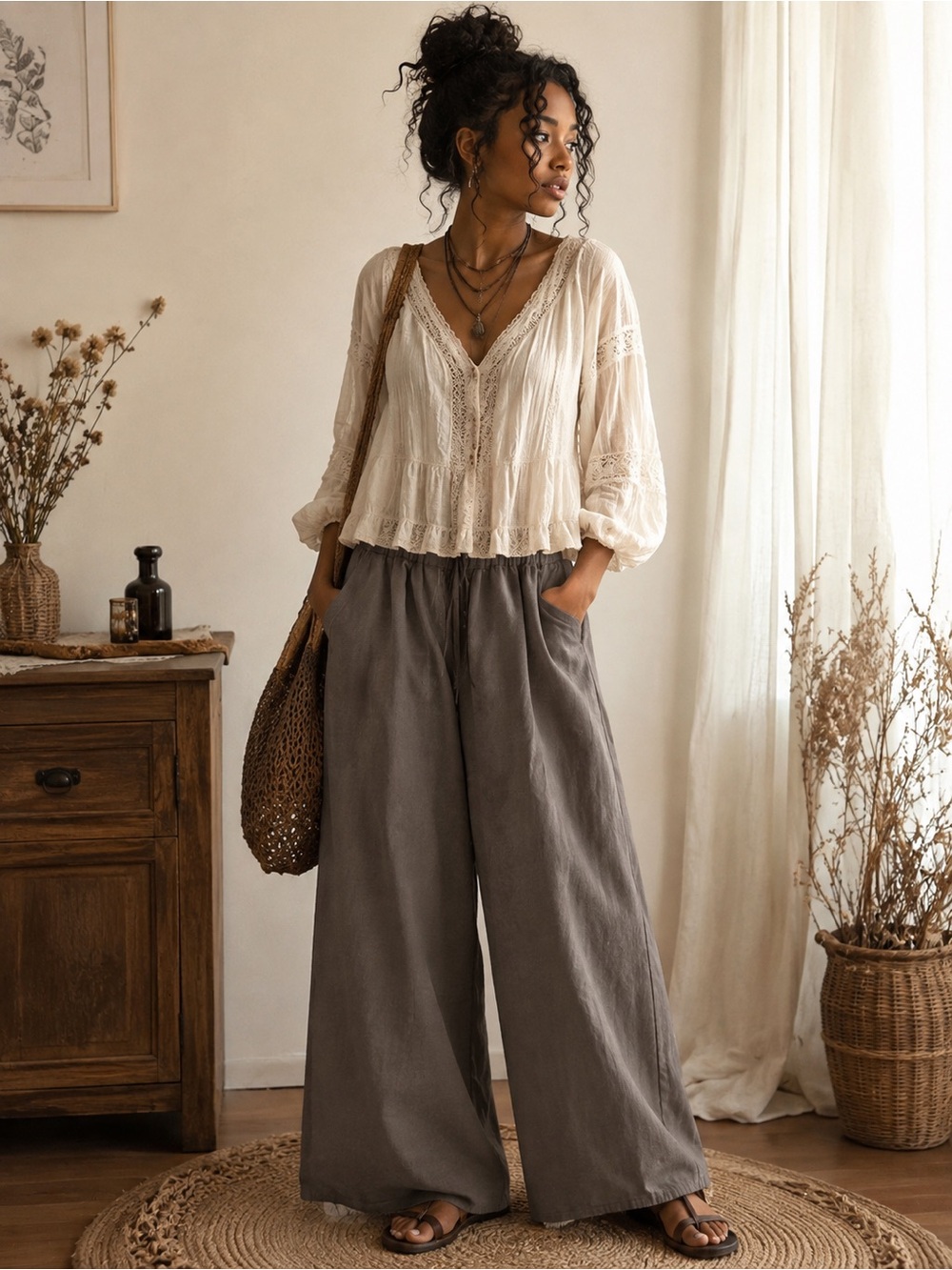 Relaxed Wide-Leg Linen-Blend Pants in Charcoal Gray size (F) Free size
